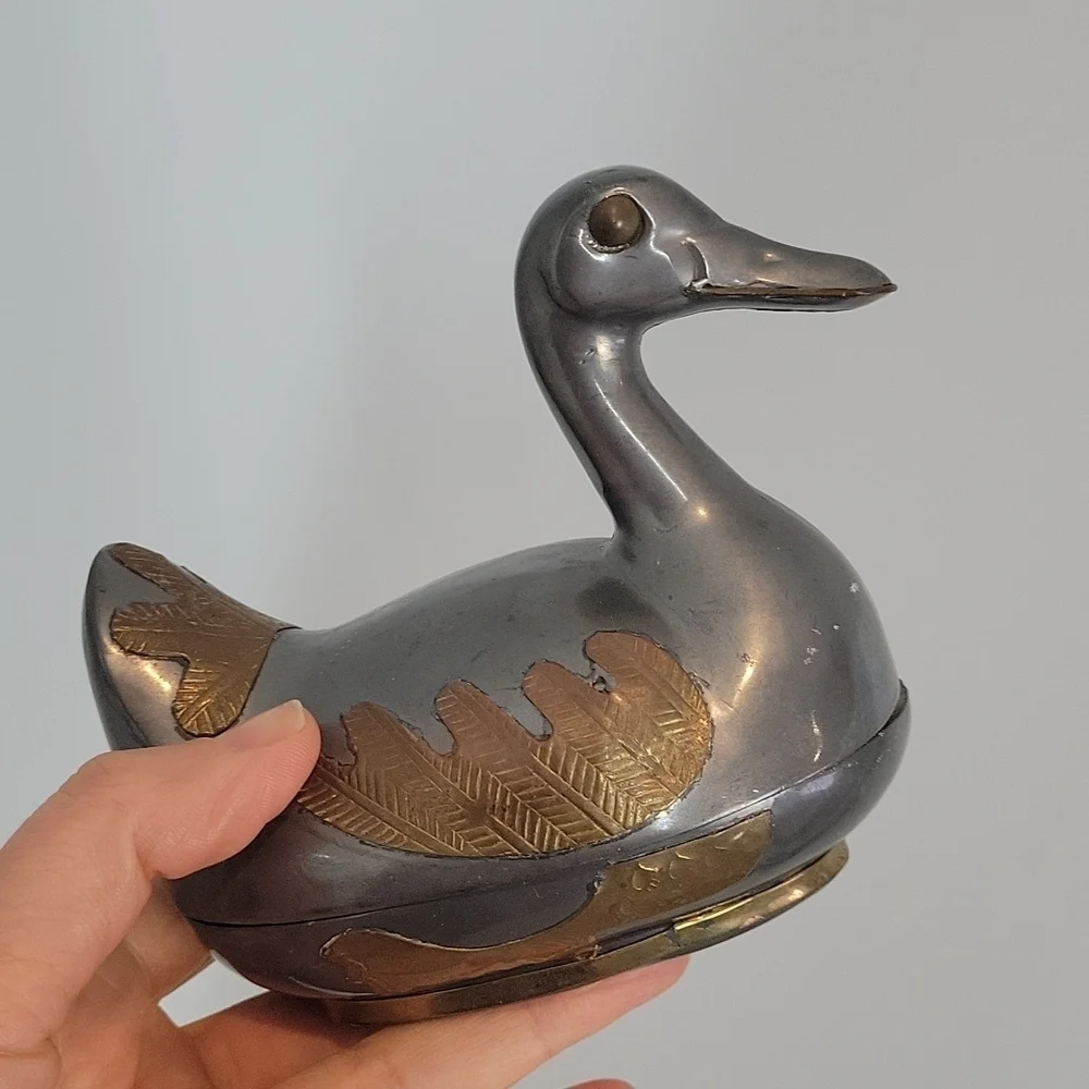Vintage Chinese Pewter & Brass Overlay Duck Trinket boxes set of 3